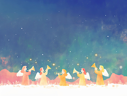 JPG 별 음악 겨울 연주 일러스트 하늘 천사 산 함께함 빛 평화 축제 분위기 신비 그림 장면 조화 호른 환상 국내일러스트 AI일러스트 AI콘텐츠 자연요소 계절 컨셉 문화예술 금관악기 파일형식