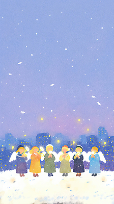 JPG 행복 감정 음악 컬러 크리스마스 설경 겨울 연주 일러스트 하늘 천사 풍경 빛 평화 희망 소리 꿈 모임 도시 국내일러스트 AI일러스트 AI콘텐츠 계절 기념일 컨셉 문화예술 파일형식