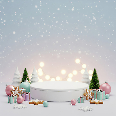JPG 나무 편집이미지 백그라운드 크리스마스 겨울 탁자 선물 장식 과자 축제 전시 흰색 원형 분위기 아기자기 이미지편집 AI컴퓨터그래픽 AI콘텐츠 도형 식물 계절 기념일 컬러 가구 컨셉 디저트 파일형식