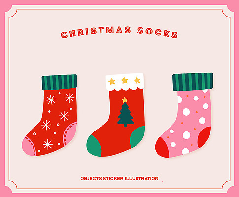 디자인 분홍색 컬러 스티커 크리스마스 겨울 일러스트 양말 장식 빨간색 초록색 크리스마스트리 물방울무늬 축제 기쁨 눈송이 즐거움 연말 아기자기 국내일러스트 AI파일 계절 기념일 감정 컨셉 무늬 눈_날씨 파일형식 벡터