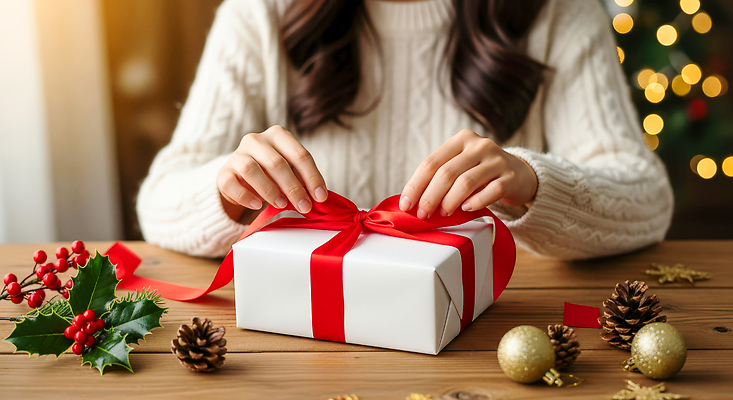 JPG 나무 편집이미지 여자 리본 크리스마스 겨울 포장 탁자 실내 선물 장식 분위기 편안함 송편 캐럴 의료성형뷰티 편집실사 AI인물포토 AI콘텐츠 식물 계절 기념일 가구 컨셉 떡 사람 내부 감각 CG 파일형식 AI포토