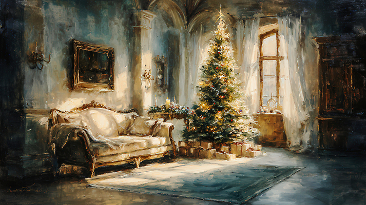 JPG 예술 백그라운드 크리스마스 겨울 거실 일러스트 창문 가정 휴식 따뜻함 선물 장식 빛 소파 크리스마스트리 축제 분위기 포근함 그림 정물화 국내일러스트 AI일러스트 AI콘텐츠 계절 기념일 컨셉 의자 감각 파일형식