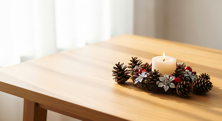 JPG 편집이미지 크리스마스 겨울 촛불 자연 탁자 실내 장식 인테리어 소나무 분위기 편안함 오브젝트 감성 잣나무 편집실사 AI포토 AI콘텐츠 나무 디자인 계절 기념일 가구 컨셉 초 내부 감각 CG 생태계 파일형식