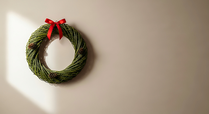 JPG 편집이미지 크리스마스장식 크리스마스 겨울 가정 장식 초록색 화환 솔방울 벽장식 오후 홀리데이 편집실사 AI포토 AI콘텐츠 계절 기념일 꽃 컬러 휴가 CG 파일형식