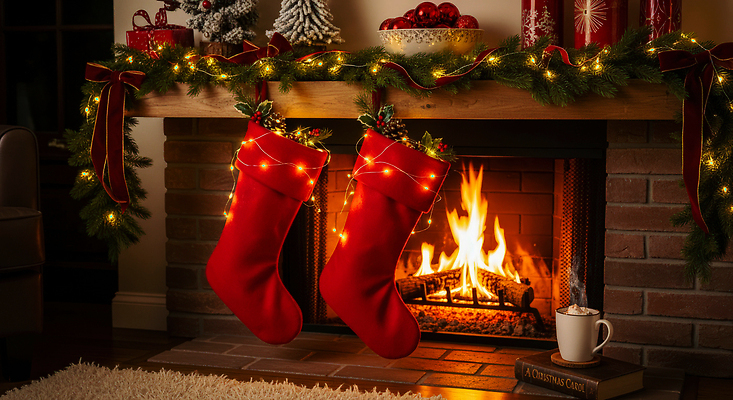 JPG 편집이미지 전통 크리스마스 겨울 가족 불꽃 조명 따뜻함 장식 크리스마스트리 축제 휴일 벽난로 빨간양말 편집실사 AI포토 AI콘텐츠 계절 기념일 관계 불 CG 파일형식