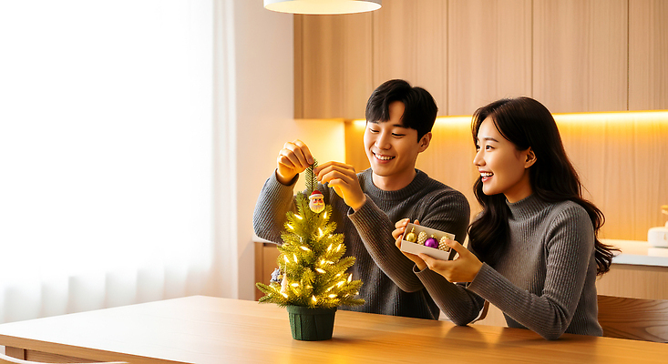 기념일 감정 크리스마스 관계 표정 건물 CG 파일형식 장식 커플 크리스마스트리 주택 주방 따뜻함 조명 행복 연말 미소 즐거움 가족 편집실사 편집이미지 JPG