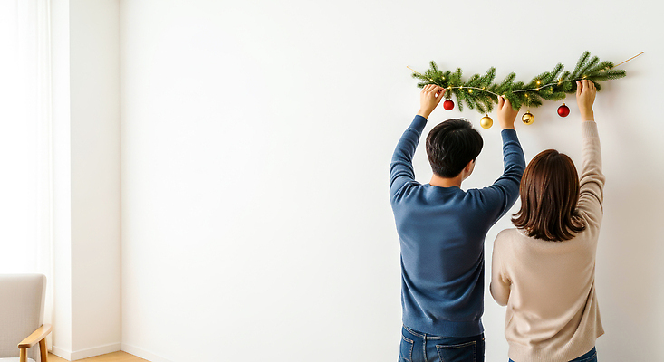 나무 기념일 감정 관계 내부 CG 파일형식 크리스마스 장식 나뭇가지 연말 실내 행복 커플 벽 장난감 축제 오브젝트 준비 컬러 편집실사 편집이미지 JPG