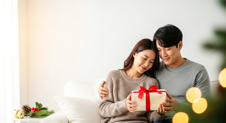 계절 감정 컨셉 의자 관계 표정 이벤트 감각 CG 파일형식 커플 선물 사랑 겨울 소파 미소 편안함 분위기 따뜻함 연말 주말 행복 함께함 기념일 편집실사 편집이미지 JPG