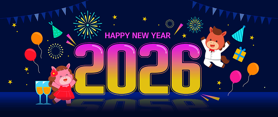 감정 컨셉 새해 이벤트 새해인사 연도 말캐릭터 파일형식 벡터 2026년 축하 동물 캐릭터 파티 풍선 폭죽 장식 컬러 음료 즐거움 기쁨 기념 축제 모임 선물 일러스트 국내일러스트 AI파일 해피뉴이어 새해복많이받으세요 붉은말캐릭터 병오년