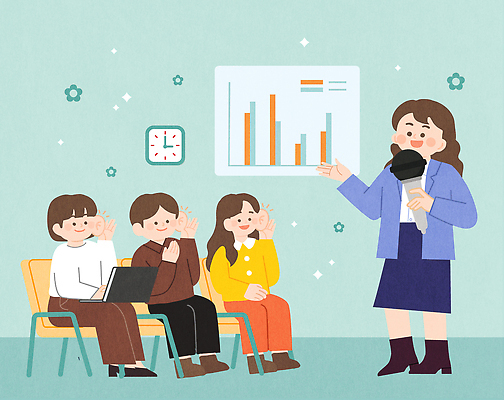 학생 교육 시계 의자 일러스트 교실 그래프 실험 대화 설명 학습 디지털 강사 자료 듣기 정보 대기 시간 발표 소통 참여 국내일러스트 AI파일 직업 가구 컨셉 학교 모션 말하기 파일형식 벡터