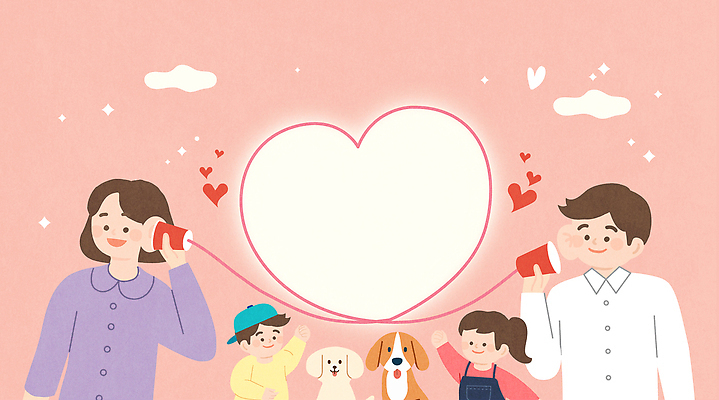 동물 행복 어린이 분홍색 일러스트 가족 모션 놀이 대화 사랑 사람 여러명 친구 부모 촬영 아기 강아지 그림 통화 소통 국내일러스트 AI파일 감정 컬러 다수 컨셉 관계 말하기 반려동물 개 파일형식 벡터