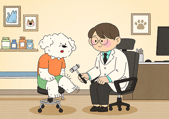 동물 캐릭터 반려견 의자 일러스트 건강 병원 치료 반려동물 약 귀여움 진료 방 의사 강아지 검사_조사 무릎 방문 동물병원 수의사 의사소통 펫케어 국내일러스트 AI파일 가구 컨셉 의학 관리 신체부위 의료진 개 파일형식 벡터