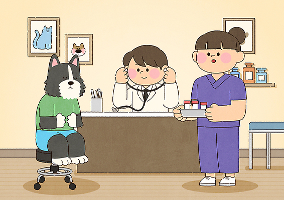 동물 일러스트 의학 청진기 탁자 치료 반려동물 약 건강관리 진료 환자 간호사 의사 상담 보호자 동물병원 수의사 펫케어 국내일러스트 AI파일 가구 의료기기 건강 병원 관리 의료진 파일형식 벡터