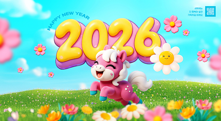 식물 편집이미지 감정 컨셉 표정 십이지신 말_동물 연도 파일형식 2026년 유니콘 새해 꽃 잔디 하늘 캐릭터 축하 동물 웃음 색감 장면 기쁨 귀여움 이미지편집 PSD 병오년 말띠