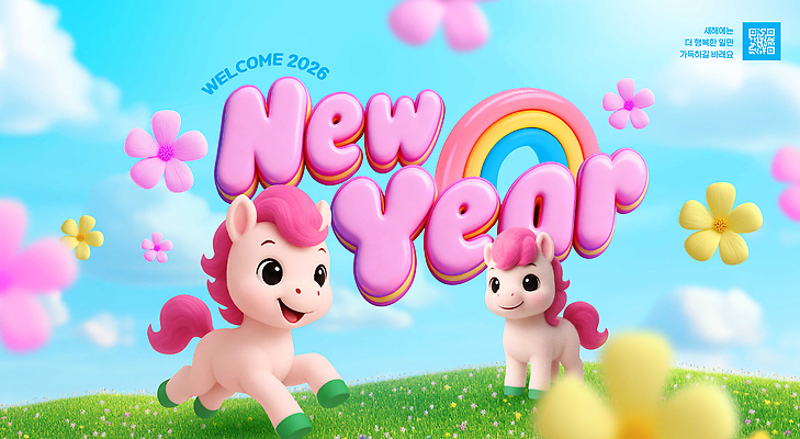 자연요소 식물 편집이미지 컨셉 십이지신 말_동물 연도 파일형식 2026년 새해 장난감 말_게임 꽃 하늘 무지개 축하 환영 귀여움 놀이 백그라운드 그래픽 컬러 이미지편집 PSD 병오년 말띠