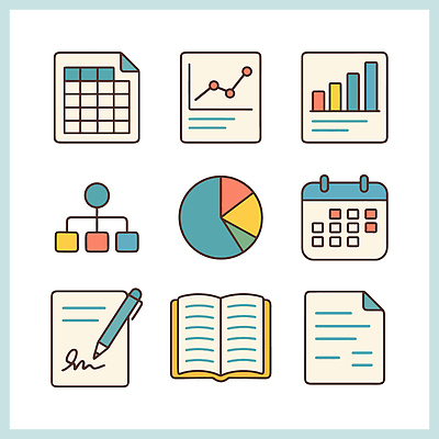 컨셉 금융 사무용품 파일형식 벡터 계획 자료 분석 도구 서류판 그래프 서명 문서 작업 기록 통계 정보 조직 관리 AI파일 재테크 일러스트 국내일러스트