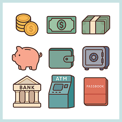 돈 비즈니스 금융 경제 저축 재산 상품 파일형식 벡터 저금통 지폐 동전 ATM 지갑 금고 통장 금융상품 재정 투자 AI파일 재테크 일러스트 국내일러스트