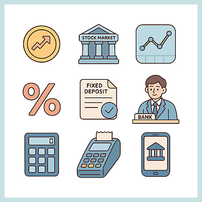 직업 기호 비즈니스 문구용품 금융 경제 장비 상품 주식 화폐 파일형식 벡터 주식시장 그래프 화폐기호 계산기 은행원 투자 금융상품 회계 AI파일 재테크 일러스트 국내일러스트