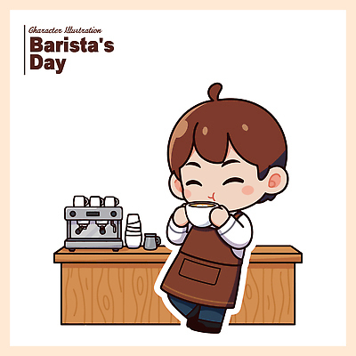 직업 디자인 남자 행복 커피 음료 일러스트 웃음 일상 컵 주방 카페 커피메이커 고객 즐거움 서비스 준비 그림 바리스타 국내일러스트 AI파일 식기 감정 표정 사람 라이프 상점 커피용품 파일형식 벡터