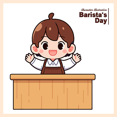 캐릭터 남자 커피 음료 일러스트 모션 탁자 대화 웃음 일상 카페 환대 고객 서비스 준비 바리스타 일과 반가움 국내일러스트 AI파일 직업 감정 가구 컨셉 표정 말하기 사람 라이프 상점 파일형식 벡터