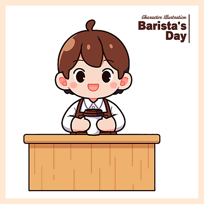 캐릭터 남자 커피 음료 셔츠 일러스트 웃음 사람 인테리어 상점 앞치마 작업 바 커피잔 계산대 고객 서비스 준비 바리스타 국내일러스트 AI파일 직업 디자인 상의 잔 표정 파일형식 벡터