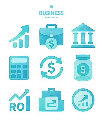 PSD 아이콘 돈 서류가방 비즈니스 통계 그래프 금융 계산기 성장 계획 은행 투자 수익 회계 재정 2D아이콘 컨셉 가방 문구용품 경제 장비 재산 파일형식