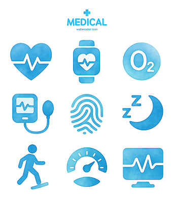 PSD 아이콘 의학 의료기기 모션 건강 치료 운동 수면 맥박 산소 혈액검사 2D아이콘 물 원소 검사_조사 파일형식
