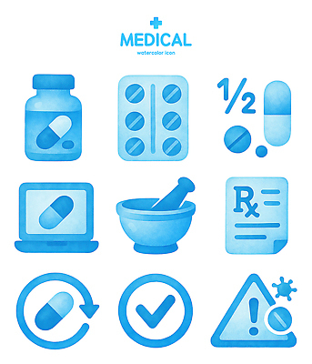 PSD 아이콘 디자인 의학 수채화 건강 병원 치료 파란색 컴퓨터 알약 약 의사 약국 처방전 믹싱볼 2D아이콘 그릇 컬러 전자제품 의료진 파일형식