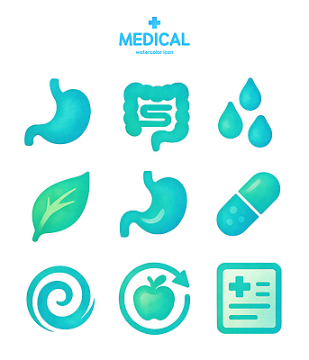 PSD 아이콘 잎 의학 수채화 건강 물 약 건강관리 장 위 식습관 2D아이콘 자연요소 식물 관리 방향 파일형식