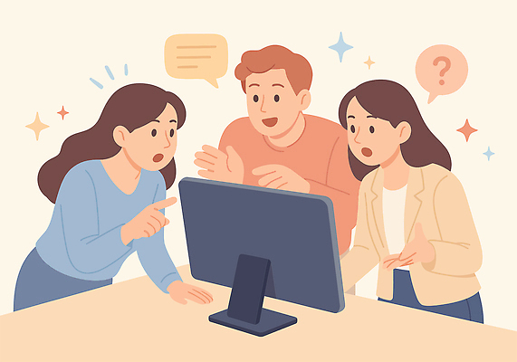 생각 일러스트 손가락 회의 아이디어 표정 대화 사람 여러명 컴퓨터 스크린 놀람 만남 정보 작업 그룹 토론 질문 확인 장면 소통 브레인스토밍 국내일러스트 AI파일 손 감정 다수 컨셉 비즈니스 말하기 전자제품 파일형식 벡터