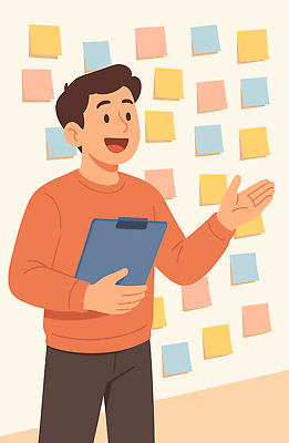 남자 컬러 일러스트 회의 협력 아이디어 표정 대화 설명 사람 손짓 사무실 기록 메모지 작업 발표 계획 의견 소통 프로젝트 브레인스토밍 국내일러스트 AI파일 컨셉 비즈니스 모션 말하기 사무용품 파일형식 벡터