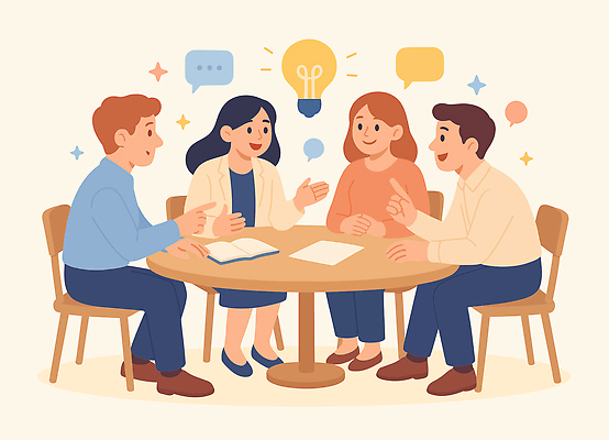 생각 일러스트 비즈니스 모션 탁자 회의 협력 아이디어 직장 대화 사람 친구 다양 모임 그룹 계획 토론 성별 의견 소통 가벼움 브레인스토밍 국내일러스트 AI파일 가구 다수 컨셉 회사 관계 말하기 무게 파일형식 벡터