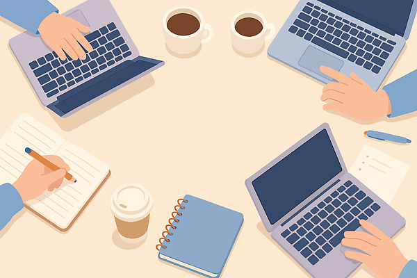 손 커피 음료 일러스트 회의 협력 아이디어 여러명 노트북 학습 사무실 펜 공책 기계 기록 작업 토론 집중 책상 동료 브레인스토밍 국내일러스트 AI파일 교육 가구 다수 컨셉 비즈니스 관계 문구용품 사람 신체부위 전자제품 필기구 파일형식 벡터