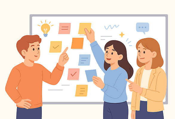 생각 일러스트 회의 협력 아이디어 대화 설명 여러명 메모지 작업 발표 그룹 목표 결과 계획 토론 화이트보드 공유 창의성 브레인스토밍 국내일러스트 AI파일 다수 컨셉 비즈니스 모션 말하기 사람 사무용품 파일형식 벡터