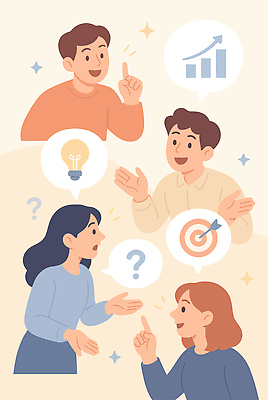 말풍선 일러스트 회의 그래프 협력 아이디어 대화 설명 여러명 발표 목표 계획 토론 질문 집중 정리 문제 해결 소통 영감 이해 창의성 브레인스토밍 국내일러스트 AI파일 다수 컨셉 비즈니스 모션 말하기 사람 파일형식 벡터