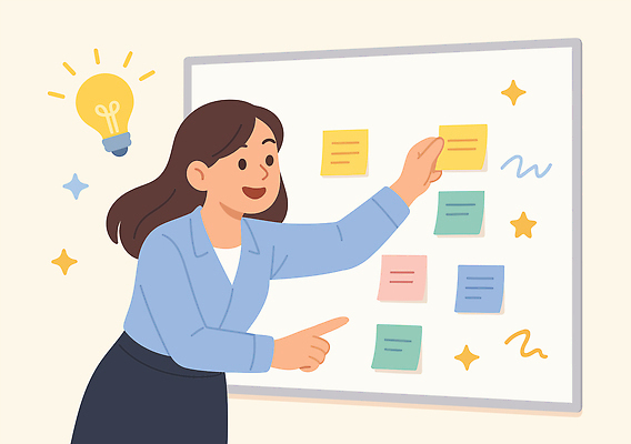 컬러 생각 일러스트 회의 협력 아이디어 설명 사람 그래픽 학습 사무실 도구 작업 발표 포스트잇 정리 노력 점검 창의력 브레인스토밍 국내일러스트 AI파일 교육 컨셉 비즈니스 모션 메모지 파일형식 벡터