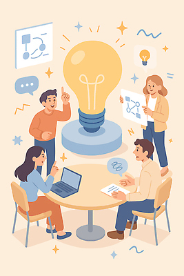 생각 일러스트 회의 협력 아이디어 실험 여러명 그래픽 작업 발표 그룹 계획 토론 회의실 그림 소통 창의력 프로젝트 브레인스토밍 국내일러스트 AI파일 다수 컨셉 비즈니스 사람 파일형식 벡터