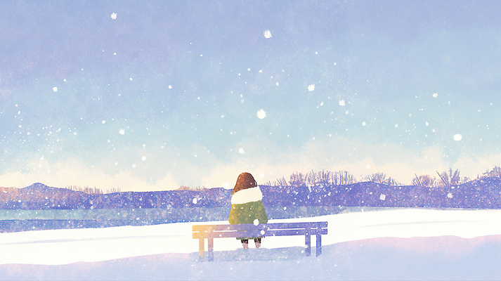 자연요소 계절 여자 감정 어린이 의자 모션 날씨 라이프 생태계 파일형식 겨울 호수 벤치 사람 앉기 풍경 산 하늘 차가움 자연 감상 시간 일상 여유 JPG 일러스트 국내일러스트 소녀 눈