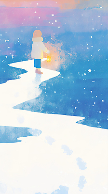 자연요소 계절 여자 어린이 컬러 날씨 휴식 조명 라이프 생태계 파일형식 랜턴 길 사람 흰색 파란색 차가움 겨울 자연 산책 평면 일상 야외 조용 바람 추위 어둠 JPG 일러스트 국내일러스트 소녀 눈