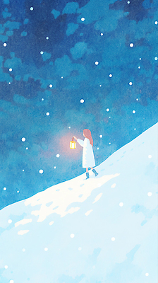 자연요소 계절 여자 어린이 모션 날씨 조명 눈_날씨 사람 생태계 파일형식 랜턴 언덕 하늘 걷기 빛 겨울 자연 산 풍경 눈송이 길 평면 밝음 상상 JPG 일러스트 국내일러스트 소녀 눈