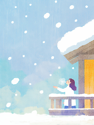 주간 자연요소 계절 여자 어린이 날씨 휴식 눈_날씨 표정 라이프 신체부위 생태계 파일형식 소녀 발코니 하늘 겨울 자연 손 웃음 눈송이 아침 오후 야외 감정 산책 마을 일상 장면 JPG 일러스트 국내일러스트 눈