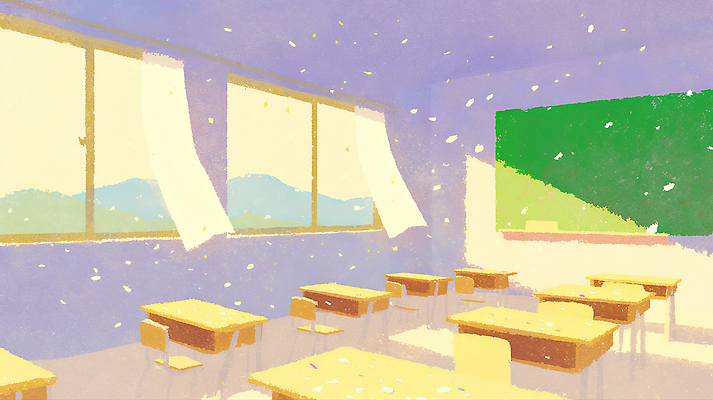 JPG 나무 학생 교육 꽃잎 의자 일러스트 창문 교실 학교 자연 아침 바람 휴식 풍경 학습 봄 커튼 책상 학원 오후 풍경화 국내일러스트 AI일러스트 AI콘텐츠 주간 자연요소 식물 계절 꽃 가구 컨셉 날씨 그림 생태계 파일형식