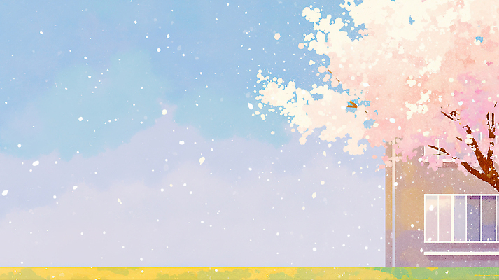 JPG 나무 학생 꽃 컬러 일러스트 학교 자연 하늘 바람 풍경 정원 일본 봄 벚꽃 시간 떨어짐 만개 뷰티풀 국내일러스트 AI일러스트 AI콘텐츠 자연요소 식물 계절 교육 아시아 컨셉 날씨 생태계 파일형식