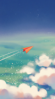 JPG 예술 컬러 여행 일러스트 자국 놀이 하늘 비행기 풍경 공중 초록색 파란색 꿈 자유 비행 종이비행기 상상력 창의력 평면 국내일러스트 컨셉 항공교통 대중교통 종이접기 파일형식