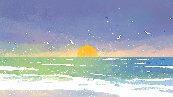 자연요소 바다 조류 파란색 노을 야간 생태계 파일형식 해변 태양 일몰 갈매기 하늘 물결 풍경 자연 저녁 수평선 파도 컬러 하늘색 수채화 청명 고요 일러스트 국내일러스트 JPG 일출 새해