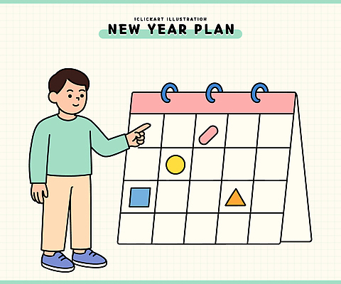 도형 남자 컬러 일러스트 모션 새해 사각형 달력 가리킴 시간 원형 조직 삼각형 목표 계획 준비 일정표 국내일러스트 AI파일 컨셉 사람 손짓 파일형식 벡터