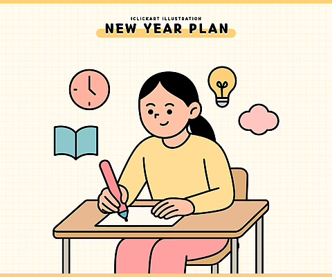 학생 여자 종이 시계 생각 일러스트 전구 새해 아이디어 학습 펜 공책 시간 작업 목표 계획 집중 책상 준비 목록 국내일러스트 AI파일 교육 가구 컨셉 문구용품 사람 필기구 파일형식 벡터