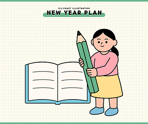 어린이 일러스트 모션 상상 새해 실내 학습 연필 표현 시간 색칠 일기 목표 계획 준비 그림 연습장 글짓기 창의력 국내일러스트 AI파일 교육 컨셉 학용품 사람 내부 필기구 공책 파일형식 벡터