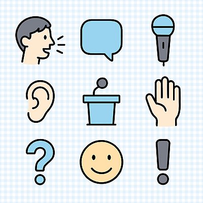 아이콘 손 기호 교육 행복 말하기 대화 사람 듣기 발표 느낌표 질문 마이크 목소리 소통 의사소통 2D아이콘 AI파일 문자 감정 음향기기 컨셉 모션 신체부위 파일형식 벡터