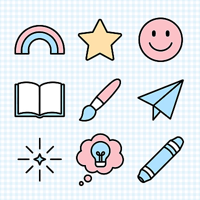 아이콘 디자인 교육 별 어린이 컬러 무지개 도안 비행기 아이디어 웃음 책 붓 크레파스 2D아이콘 AI파일 자연요소 컨셉 항공교통 학용품 대중교통 표정 사람 파일형식 벡터
